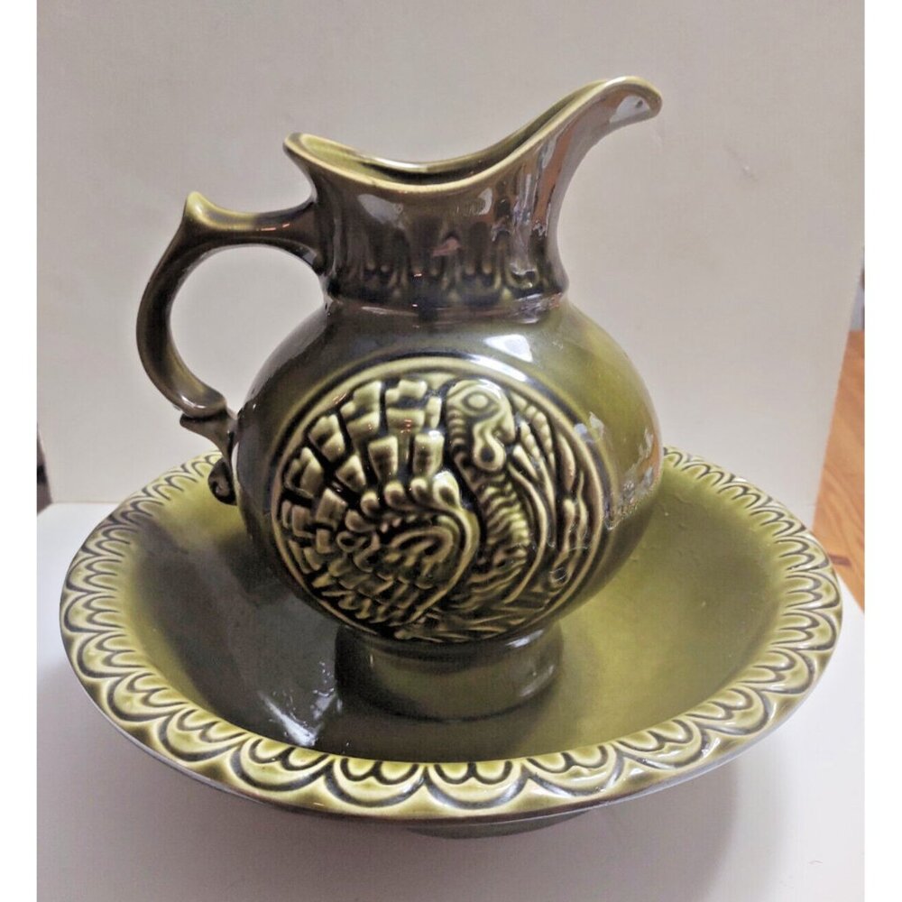 Vintage McCoy Pottery USA Green Basin Bowl & Thanksgiving Turkey Pitcher 1960's
